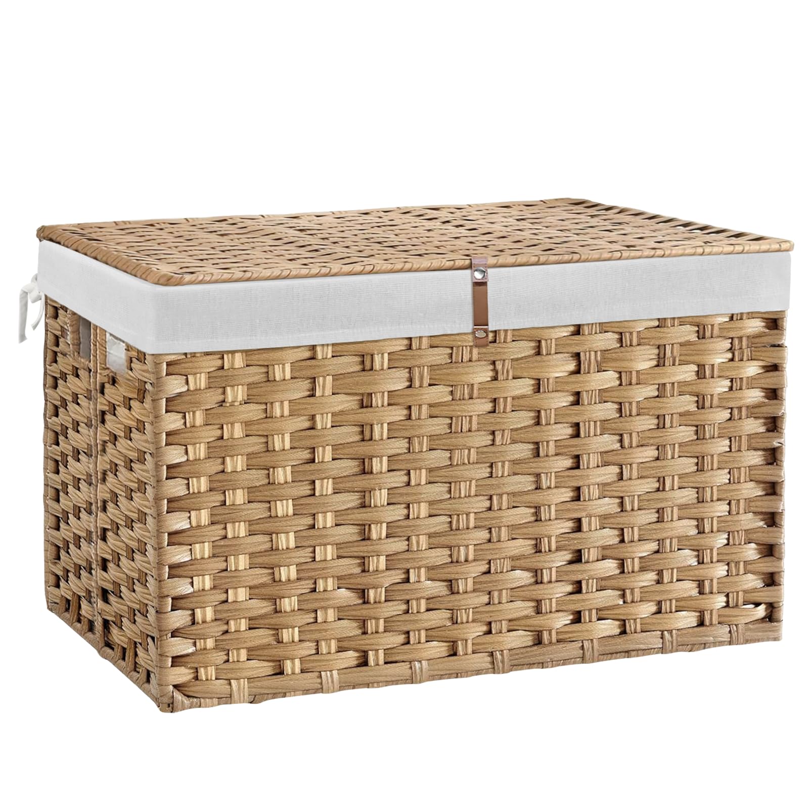 Photo 1 of 180L Wicker Storage Basket with Lid, Handwoven Rattan Large Shelf Basket with Removable Liner, 47.6 Gallon Wicker Basket for Blanket, Storage Trunk with Handle for Closet, Bedroom, Livingroom, Natural