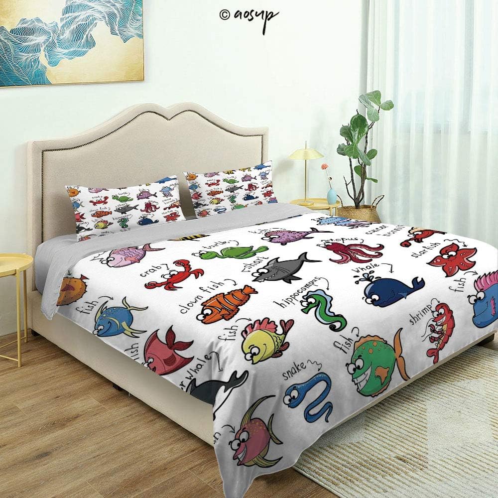 Homenon Modern Quilt Cover Bedding Set Aquarium Cartoon Octopus Dolphin Shark Whale Clown Fish Jellyfish Crab Cotton Quilt Cover and 2 Pillowcases Bedding 3 Piece Duvet Cover Set (Queen)