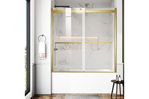 AquivaCoast Bathtub Shower Door, 60″x 62″ Semi-Frameless Sliding Shower Door, Double Sliding Bypass Glass Shower Doors for Bathtub with 5/16" (8mm) Tempered Glass, Brushed Gold