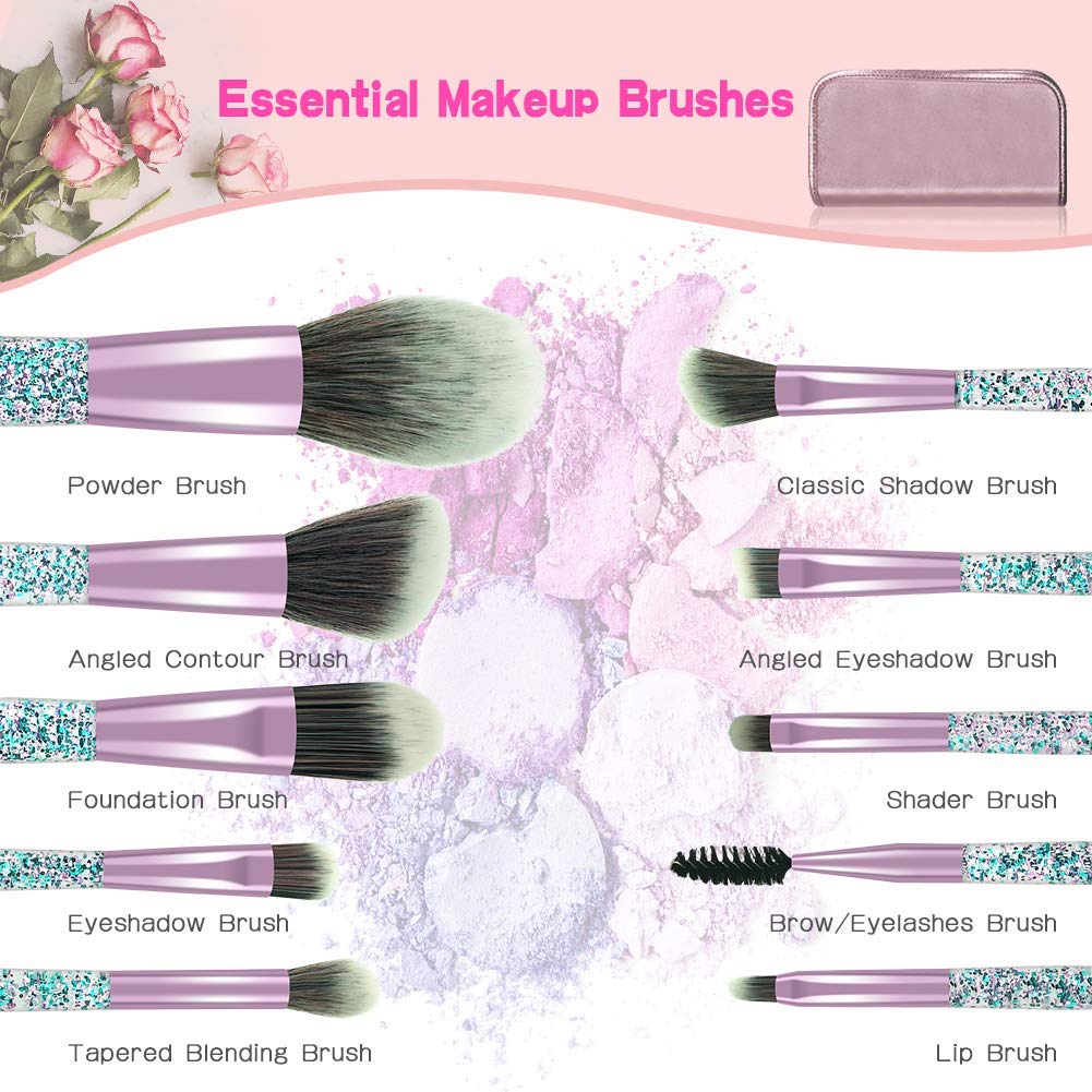 POYINRO Makeup Brushes, Makeup Brush Set, 10 PCS Premium Crystal Handle Synthetic Essential Cosmetics Brush Kit with Leather Bag for Face Powder Foundation Blending Blush Concealer Eye Shadow Brush: Beauty