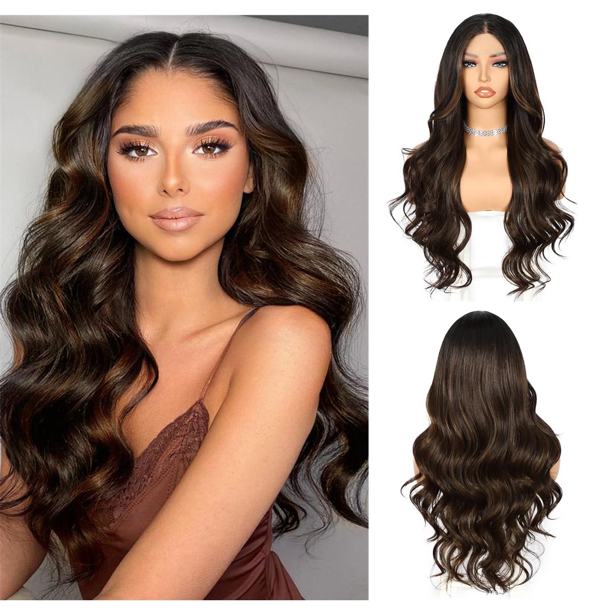 Sapphirewigs Highlight Lace Front Wig Dark Brown Dark Roots Synthetic Body Wave Synthetic Lace Front Wigs Party Date Daily Wear Christmas Natural Looking 26 inch — image 1