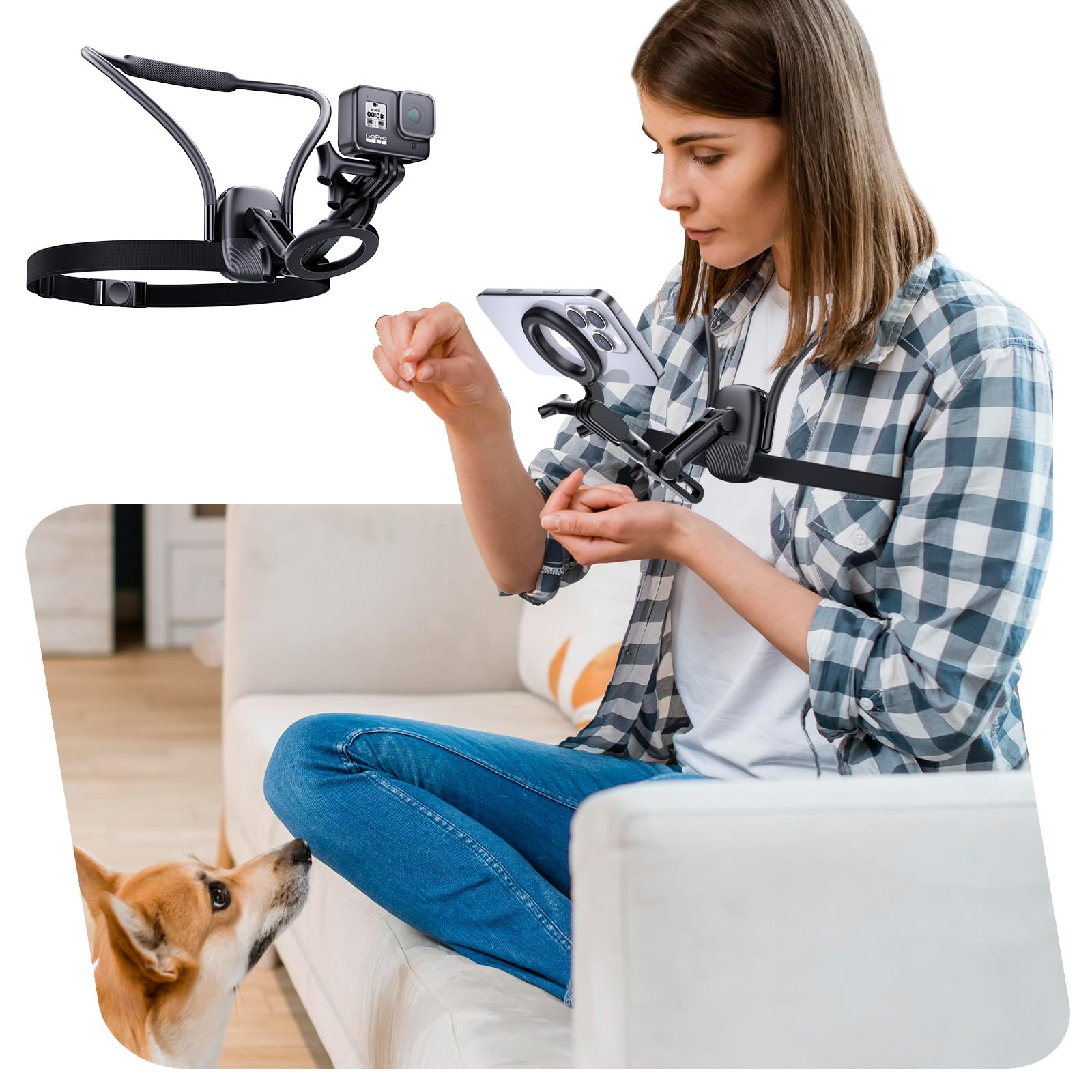 Magnetic Phone Holder Neck Mount: Hands Free Chest Stand with Fixed Strap for GoPro Camera | POV Selfie Filming & Video Recording for iPhone 17 16 15 14 13 12 Series & Android Smartphone（Black）