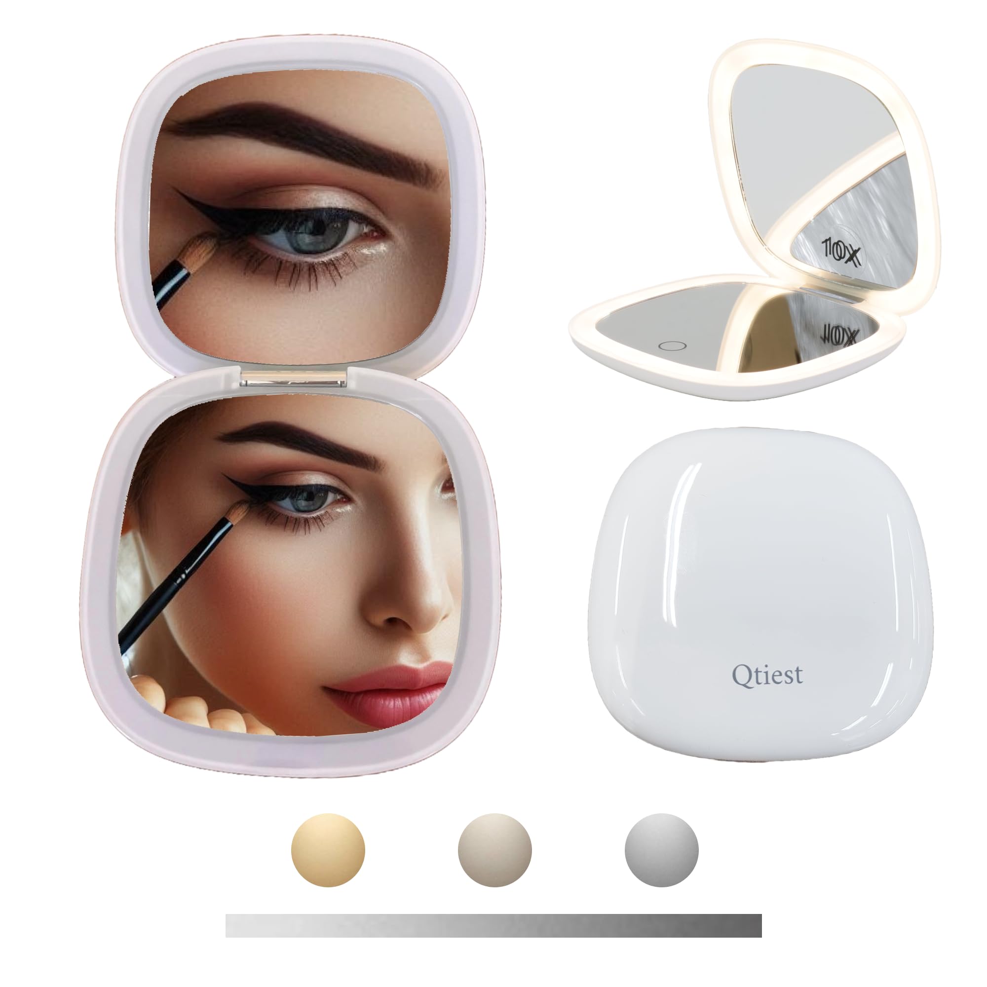 QTIEST Magnifying Travel Mirror with Light, Dual 1X/10X High-Definition Tri-Color Adjustable LED Pocket Design, Rechargeable Compact Foldable Makeup Tool