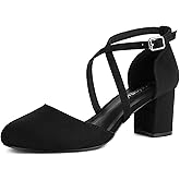 Greatonu Women's Low Block Heeled Dress Pumps Closed Round Toe Cross Strap Wedding Bridal Party Office Shoes 2.5 Inch