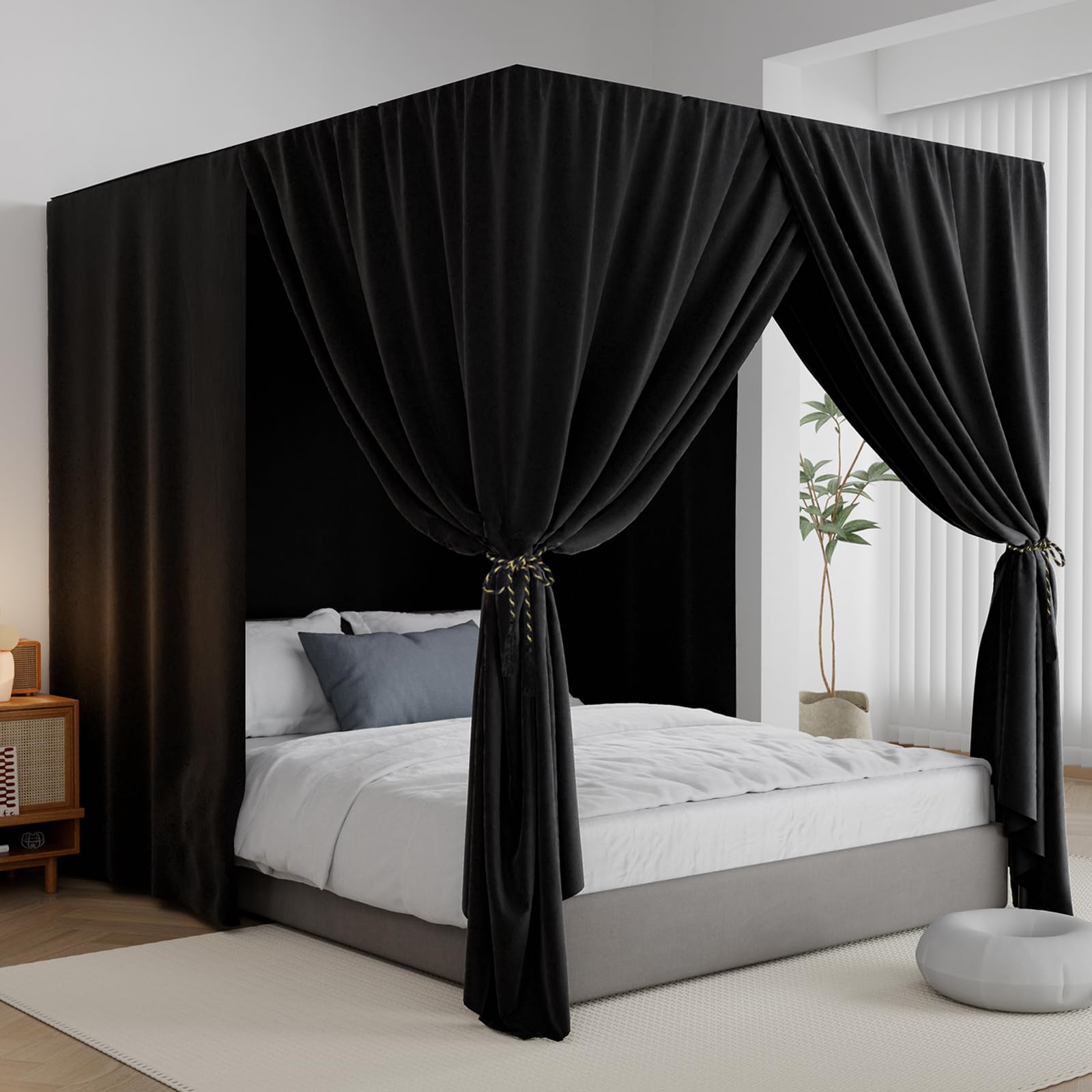 CFFNCH Black Canopy Bed Curtains - 4 Corner Post Bed Curtains Queen ...