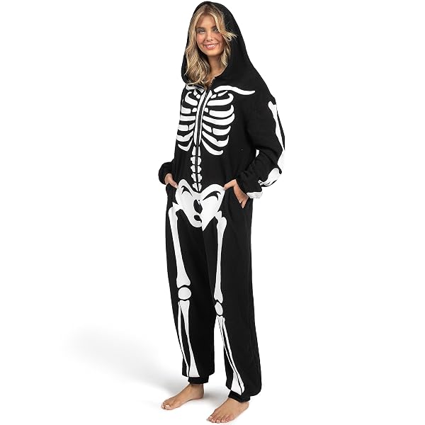 SPOOKTACULAR CREATIONS ADULT SKELETON COSTUMES FOR WOMEN GLOW IN THE DARK SKELETON JUMPSUIT ZIP-UP HOODED JUMPSUIT HALLOWEEN COSPLAY COSTUME