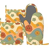 70s Groovy Cute Vintage Flower Floral Oven Mitts and Pot Holders Set of 4 Silicone Heat Resistant Oven Mitten Potholders Non Slip Gloves Kitchen Decor for BBQ Cooking Grilling Baking