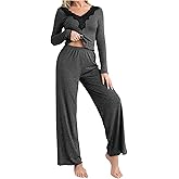 RoseSeek Women's 2 Piece Pajamas Lace Trim V Neck Tops and Wide Leg Pants Elegant Loungewear Set
