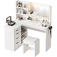 Furmax L Shape Vanity Desk Set with LED Lighted Mirror& Power Outlet, 48’’ Large Makeup Vanity with Shelves, 5 Drawers& Storage Boxes, Corner Dressing Table for Space-Saving Bedroom Furniture (White)
