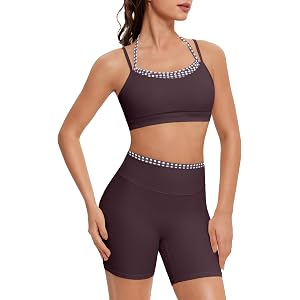 OMKAGI Workout Sets for Women Cute Doubel Layer Open Back Sports Bras Gym Shorts Outfits