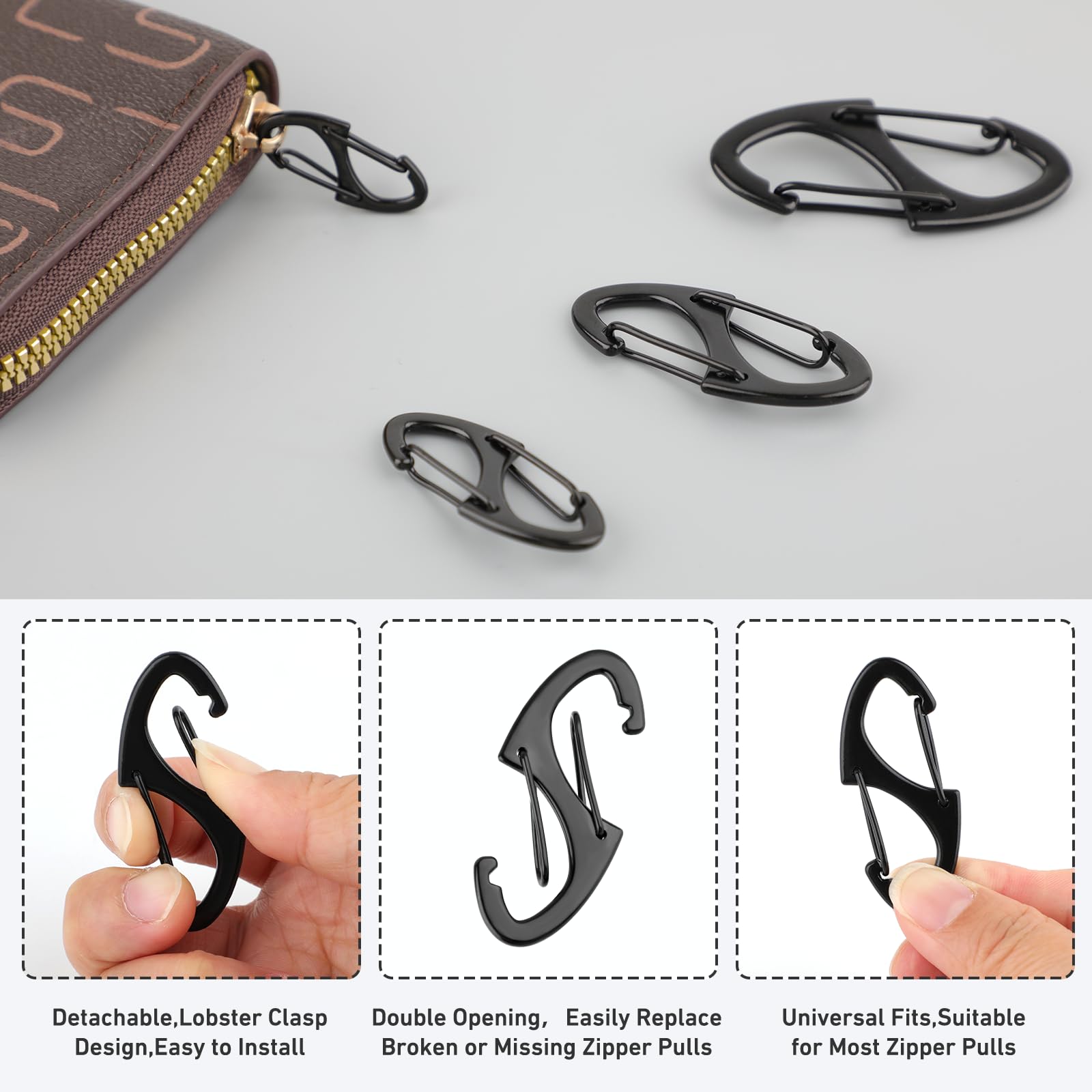 Zipper Clips Anti Theft, 20 Pcs Zipper Pull Locks for Backpacks, Double-Sided Spring S Carabiner Clasps Theft Deterrent for Luggage Suitcase Handbags Keys Purse(Black)