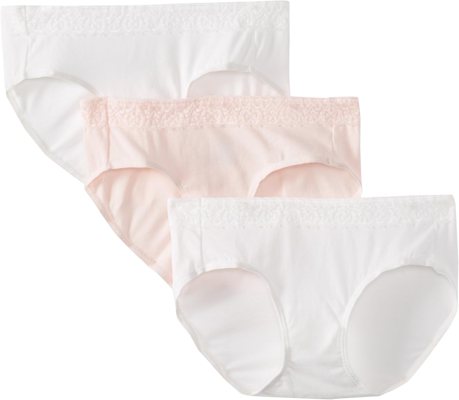 Hanes Ultimate Women's 3Pack Cotton Stretch with Lace Hipster Panties, White/Light Pink/White