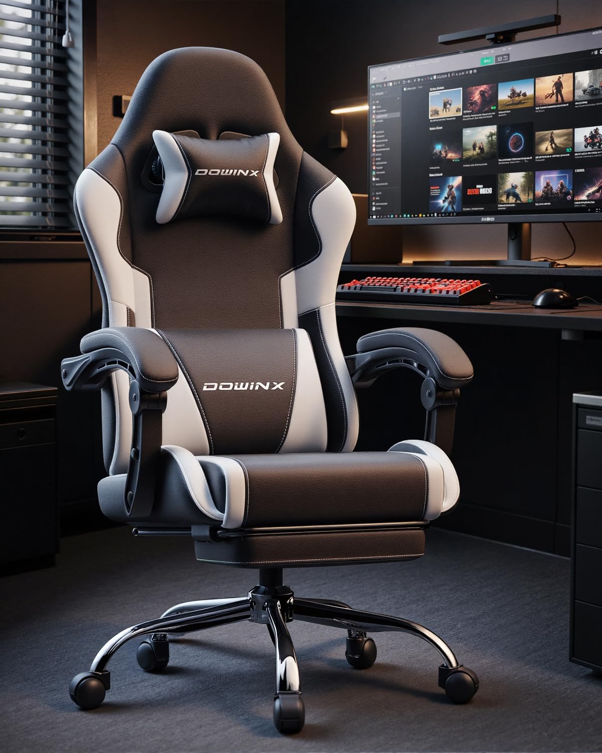 Dowinx Gaming Stuhl Bürostuhl Massage Gaming Sessel mit höhenverstellbaren Linkage-Armlehnen, ergonomischer Gamer Stuhl mit Fußstütze, gepolstert Gaming Chair 150° neigbar bis 180 kg, Weiß 2