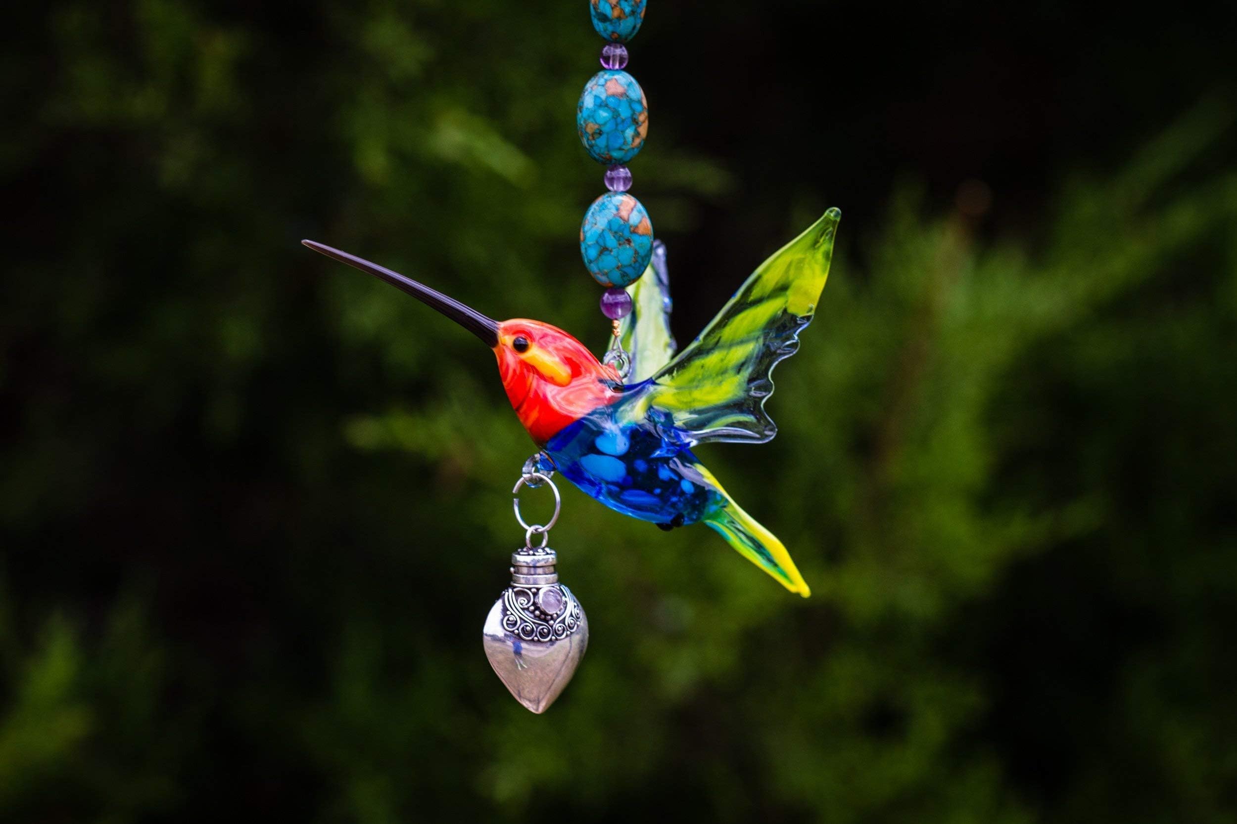 Murano Red Headed Hummingbird with Silver Keepsake Heart Urn
