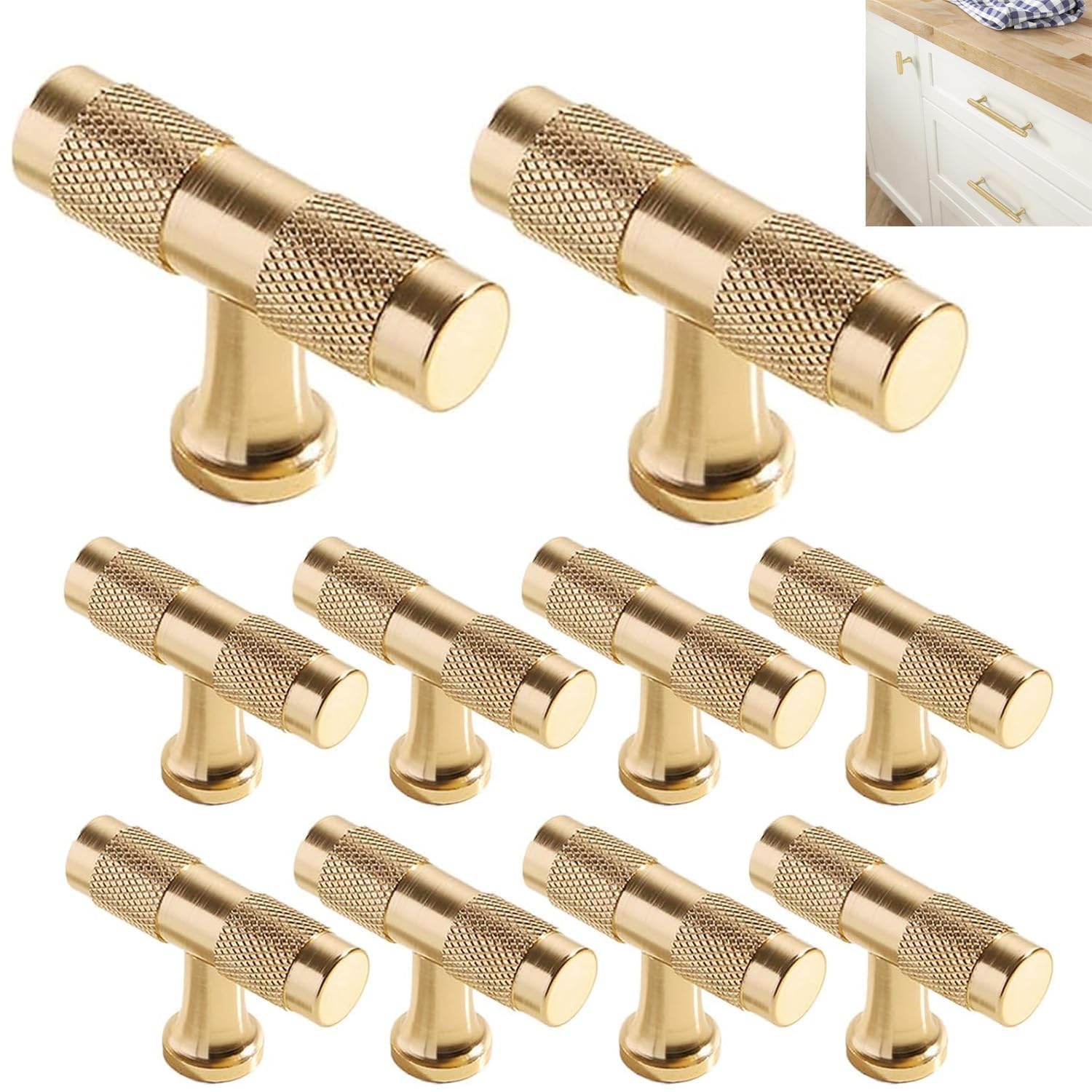 HARY 10 Pack 50mm Gold Drawer Handles, Gold Wardrobe Handles, Brass Cupboard, Cabinet Knobs Knurled Cupboard Drawer Knobs for Kitchen, Bathroom, Dresser & Wardrobe