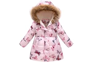 UWBACK Winter Coats For Girls Hooded Waterproof Floral Printed Kids Toddler Warm Snow Jacket