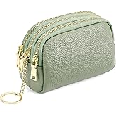 SENDEFN Small Coin Purse Leather 3 Zippered Change Pouch Wallet with Key Ring for Women