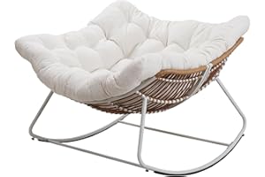 Naga Bahna Royal Rocking Chair, Outdoor Rocking Papasan Chair with Padded White Wool Cushion Rocker Recliner Chair, Oversized Metal White Frame Rattan Egg Chair for Patio, Porch, Living Room