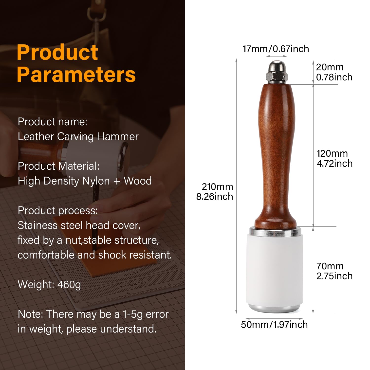 WUTA Leather Carving Hammer Professional Leather Mallet Leatherworking Maul Nylon Head Hammer for Handmade DIY Tools