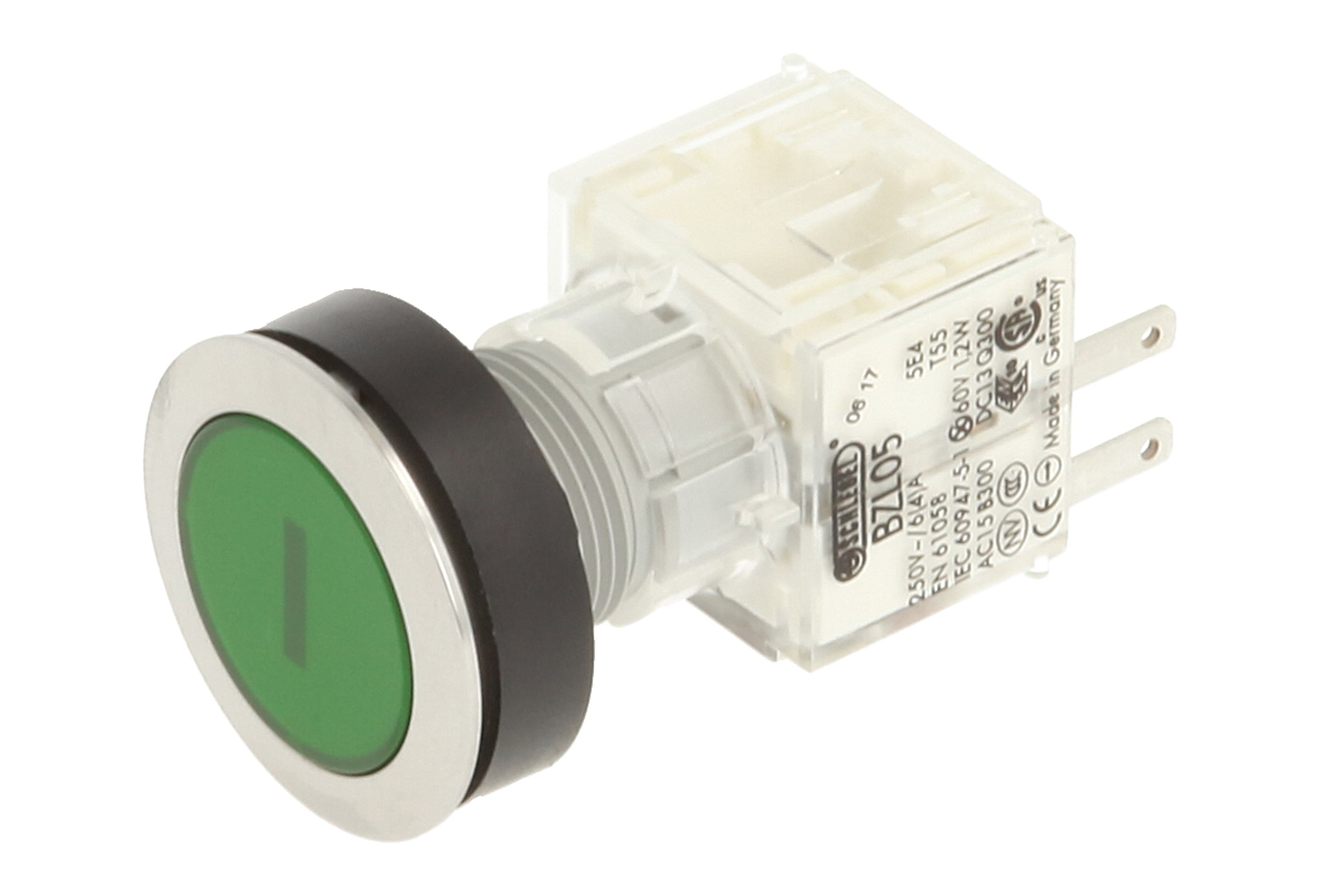 Schlegel 23.000.605 Push Button Silver-Coloured, Green Switch Cap, Identification Plate I, Illuminated Push Contact Transmitter, 2 N/O Screw Connection, 24 V LED