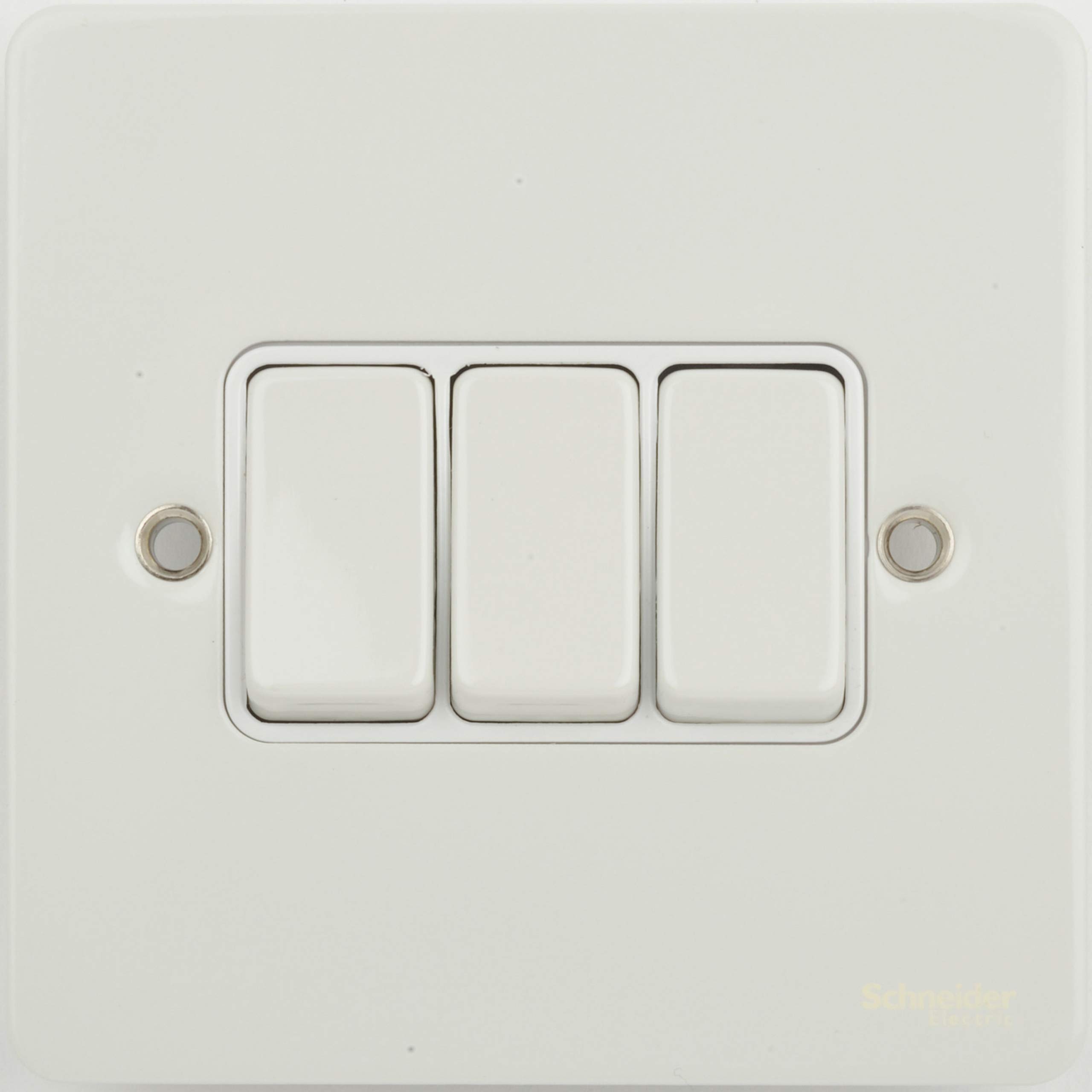Schneider Electric Ultimate Flat Plate - 3 Gang 2 Way Light Switch, Single Pole, 16AX, GU1232WPW, Painted White with White Insert