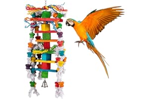 MEWTOGO Large Bird Toys - Natural Wooden Parrot Chewing Toys with Edible Colored Blocks & Sturdy Knots for African Grey Macaw Amazon Parrot Conures Cockatiels