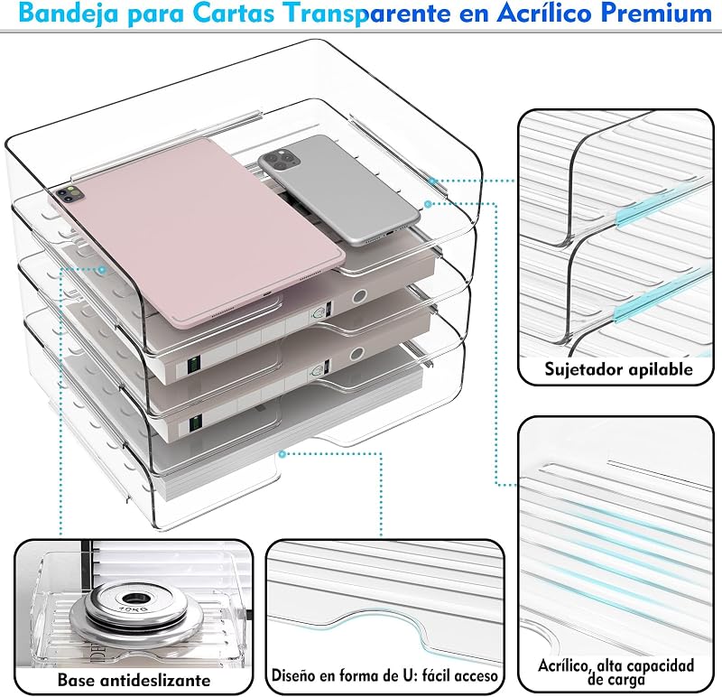 4 Bandejas De Acrílico para Cartas, Transparentes, Apilables