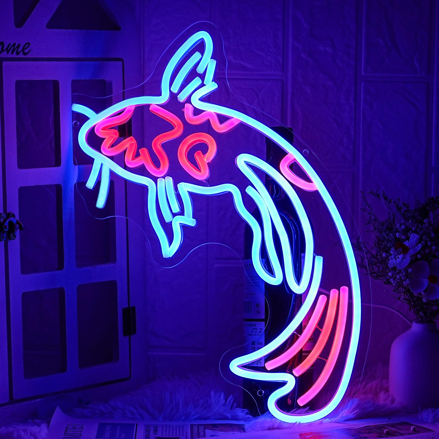 Photo 1 of LMSIGNLY Koi Fish Neon Sign Koi Carp Neon Lights Signs Japanese Fish Led Neon Blue Red Lucky Fish Neon Signs for Wall Decor 17”x9.5”with USB/Switch Dimmable Neon Light Signs for Bar, Restaurant, Office, Fishroom,Koi Pond