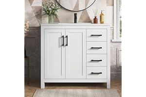 DELUXE LIVING 36 Inch Bathroom Vanity with Sink, White Single Sink Bathroom Vanity Modern Bathroom Sink Cabinet with Soft Close Doors & Drawers, 36 Inch Vanity with Sink, Adjustable Feet, Integral Top