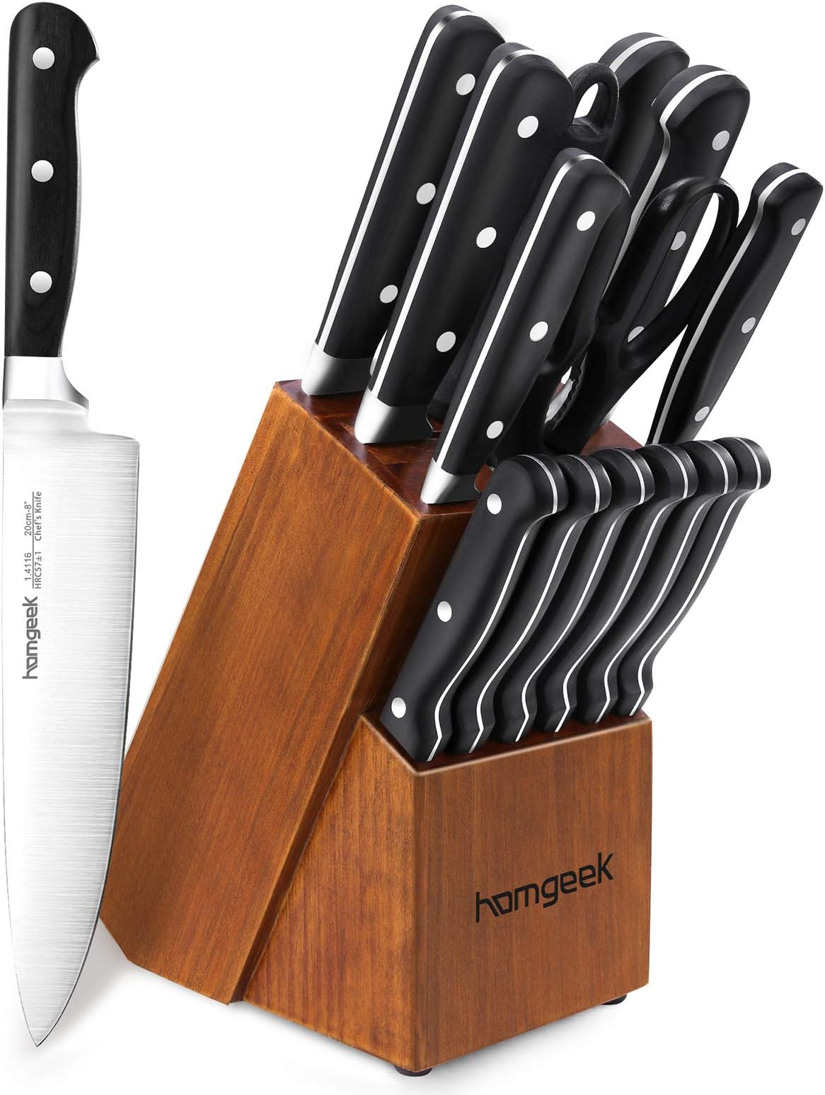 Kitchen Knife Set with Block, homgeek Stainless Steel Chef Knife Set with Sharpener, Scissor, Steak Knives, Paring Knife, Santoku Knife, Wooden Block, Full-Tang Forged, 15 Pieces, Black