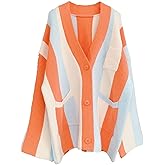 Unilexi Womens Loose Long Sleeve Rainbow Striped Cardigans Sweater Boho Color Block Chunky Knitted Tops