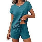Ekouaer Women 2 Piece Pajamas Set Short Sleeve Comfy Lounge Set Round Neck Tops and Shorts Pjs with Pockets