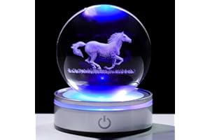 Arikyrist 3.15in. 3D Crystal Ball Gifts for Women, K9 Decorative Ball with LED Light Base Engraved Horse Figurine Paperweight for Home Office Birthday Christmas