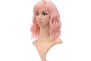 VCKOVCKO Natural Wavy Pastel Pink Wig Colorful Wigs With Air Bangs Short Bob Wigs Women's Shoulder Length Wigs Curly Wavy Syn