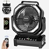 Socool Camping Fan with Light, 20000mAh Rechargeable Battery Fan with Remote, 112Hrs & 8 Speeds, Digital Display, Timer, Auto Oscillation, 270° Pivot & Hook for Outdoor Tent, Hurricane, Power Outage
