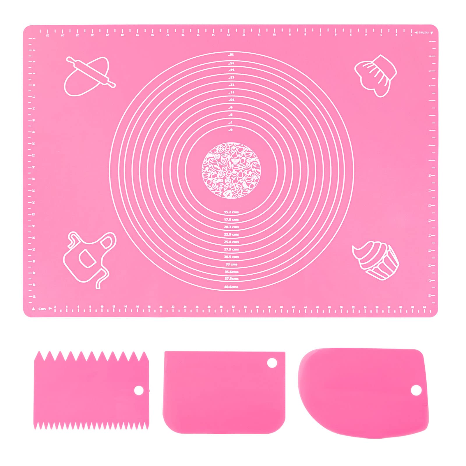 Silicone Pink 70x50cm Baking Sheet with Measurement, Non-Slip & Non-Stick Dough Kneading Board, Bread & Fondant Mat, Cooking Bakeware Table Placemat (Scraper)