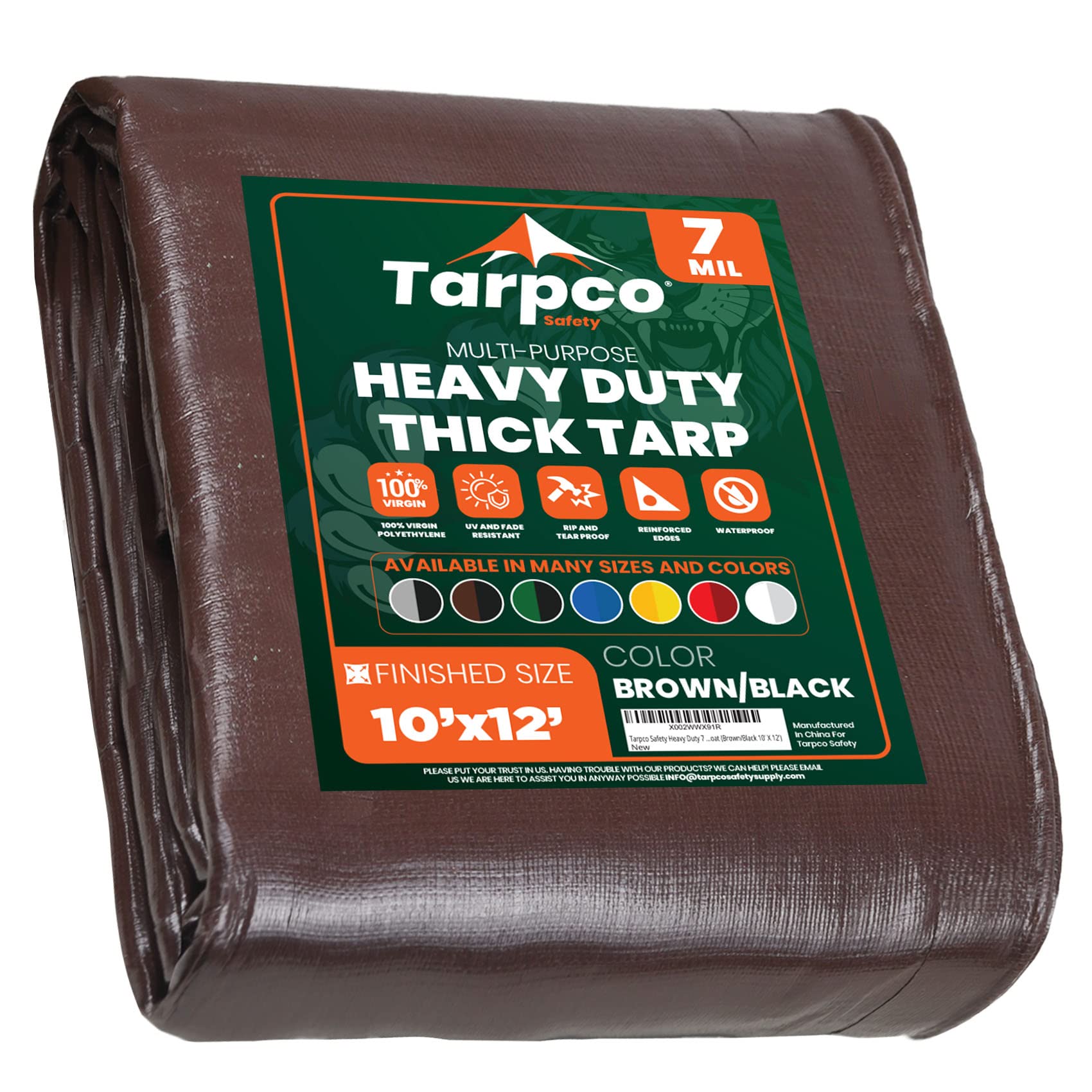 Tarpco Safety Heavy Duty 7 Mil Tarp Cover, Waterproof, UV Resistant, Rip and Tear Proof, Poly Tarpaulin with Reinforced Edges for Roof, Camping, Patio, Pool Cover, Boat (Brown/Black 10′ X 12′) Image