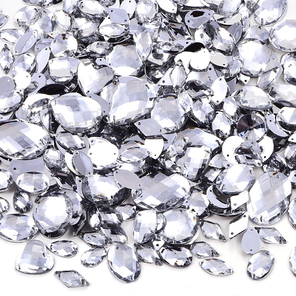 Blinginbox 300pcs Acrylic Sew on Rhinestone Flatback Sewing Crystals Gems with 2 Holes, Mix Shapes & Sizes Jewelry Gemstones for Clothes DIY Crafts Dress Shoes Bags Decorations