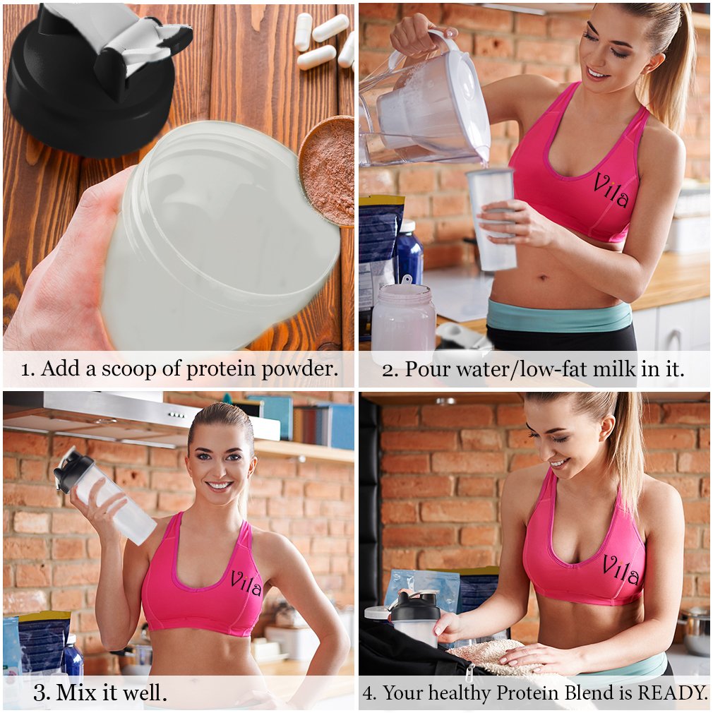Vila Blender Bottle: Perfect for smoothies, protein blends and more: Stainless steel blender ball inside: Leak-proof, dishwasher safe and BPA-free: Embossed Ounce and Milliliter markings