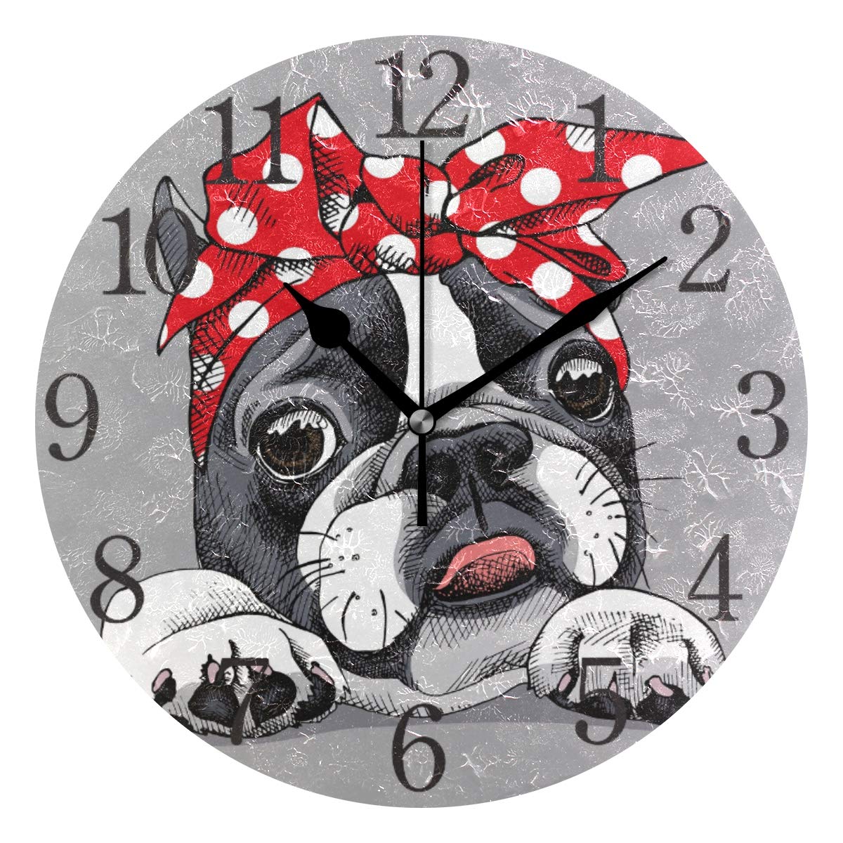 ISAOA 9.5 InchesSilent Non Ticking Arabic Numeral Clock Round Decorative Wall Clock for Living Room, Bedroom, Kitchen(Grey French Bulldog Portrait)