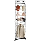 Urban Deco Rolling Grid Wall Display Stand with 24 Hooks, 21"x77" | 3 Display Sides, Black Coated Metal, Rolling Base With Casters, For Craft Shows, Trade Shows, Retail And Home