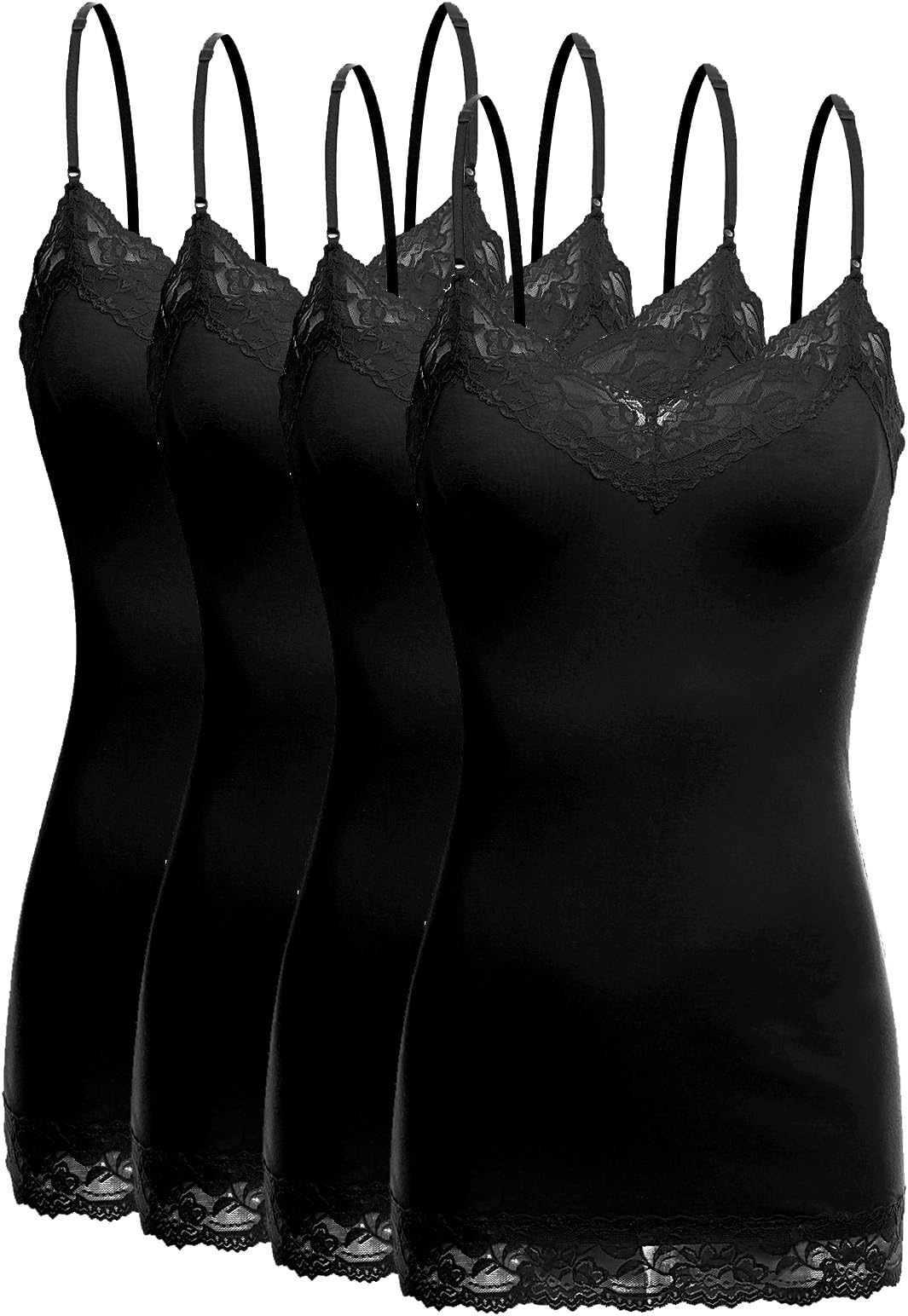 XT1004L Pack Ladies Adjustable Spaghetti Strap Lace Trim Cami Tank Top 4Pack-BLK 2XL