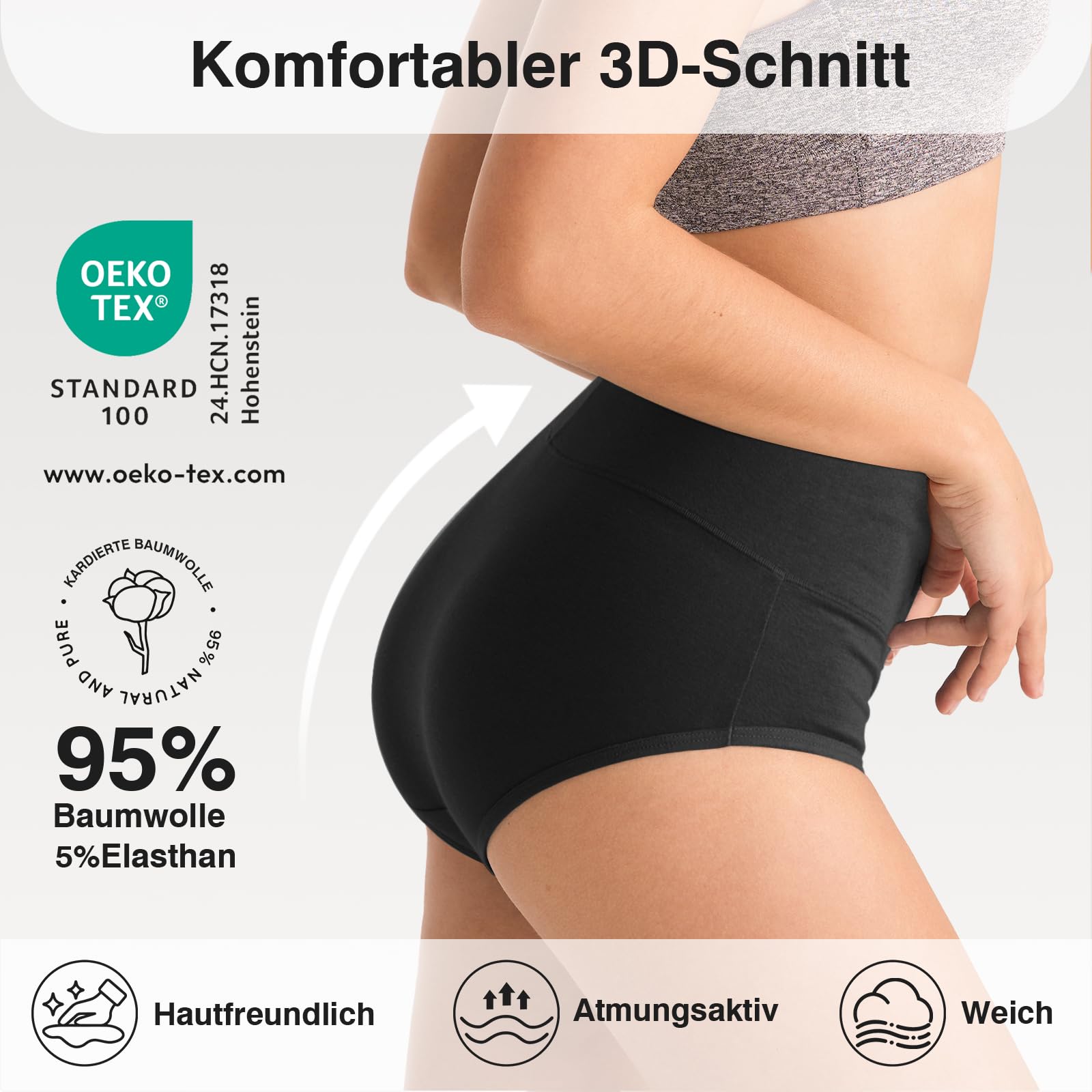 QINCAO Unterhosen Damen, 6er Pack Hohe Taille Slips Baumwolle Unterwäsche, Stretch Atmungsaktiv Panties Weich 3