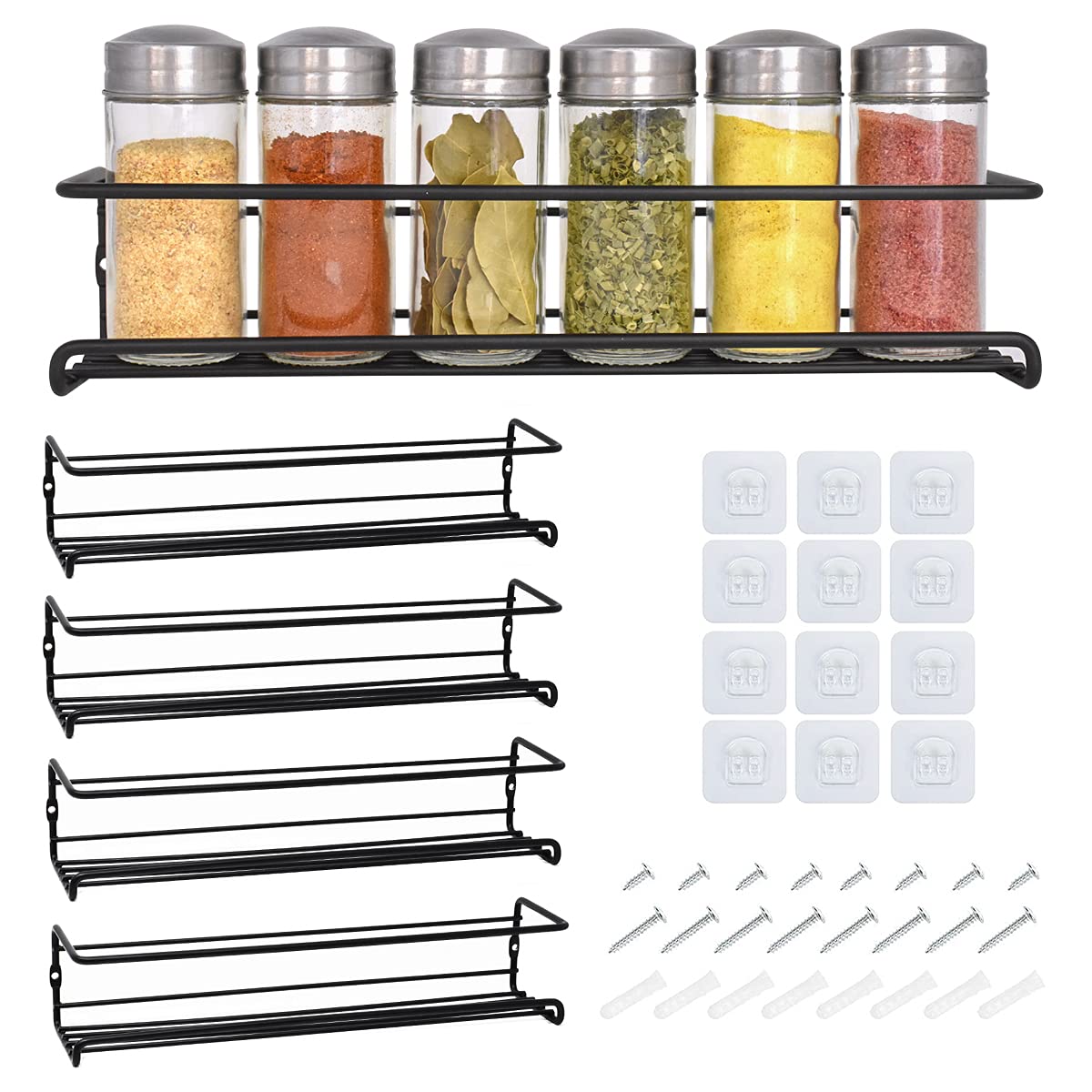 joeji's Kitchen 4 Tier Metal Spice Racks, Wall Mounted Spice Jar Storage Rack Organiser. Hanging Spice Rack for Inside Cupboard, Strong Adhesive No Drill for Spices Condiments Cooking Tools Black…