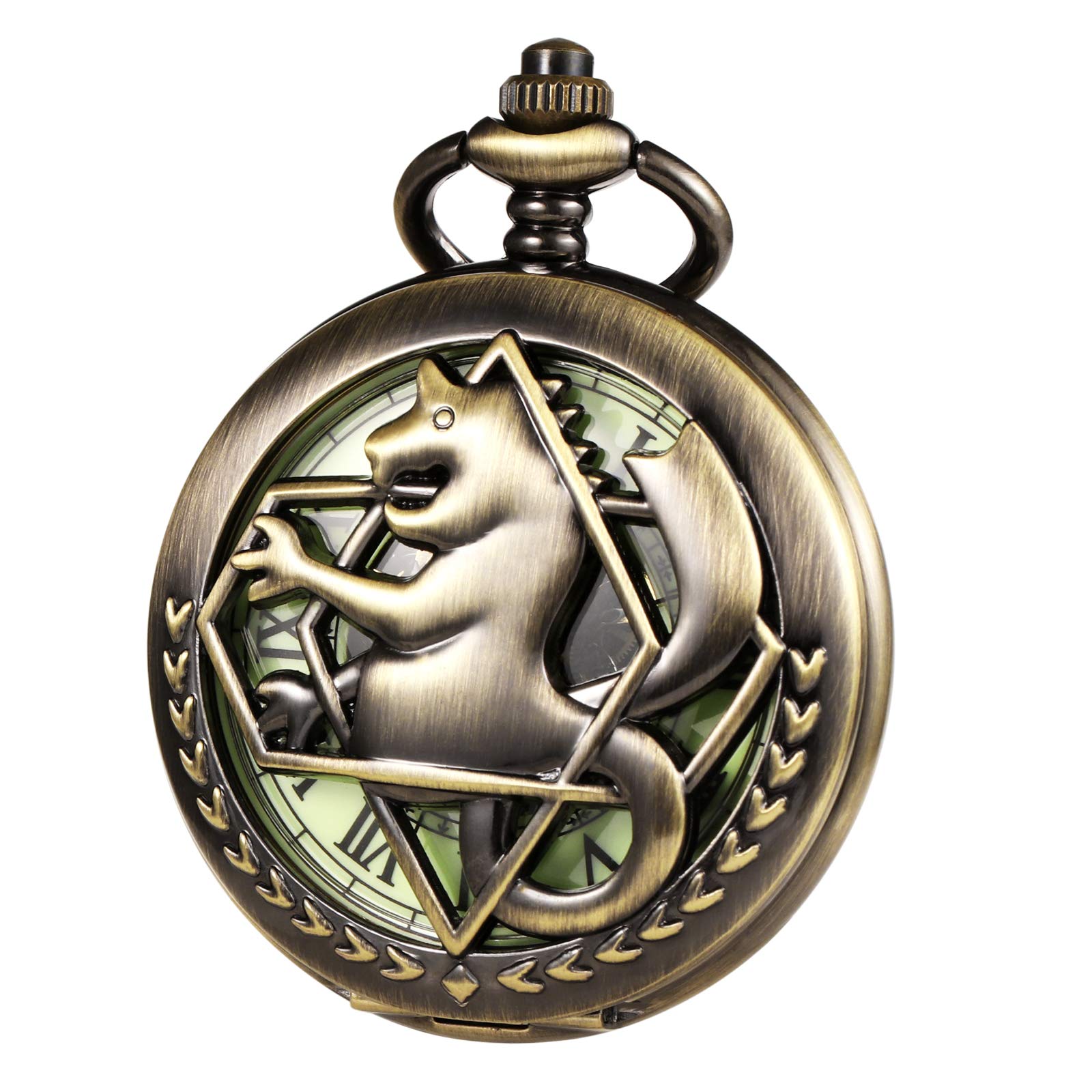 TREEWETO Unisex Pocket Watch Mechanical Double Cover Full Metal Alchemist Luminous Skeleton Steampunk for Men Women with Chain - Bronze