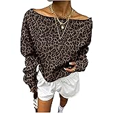 SweatyRocks Women's Off The Shoulder Crop Top Sweatshirts Long Sleeve Loose Leopard Pullovers