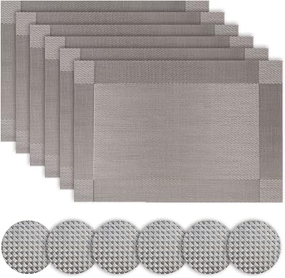 Homcomodar Silver Table Mats and Coasters Set of 6 Grey PVC