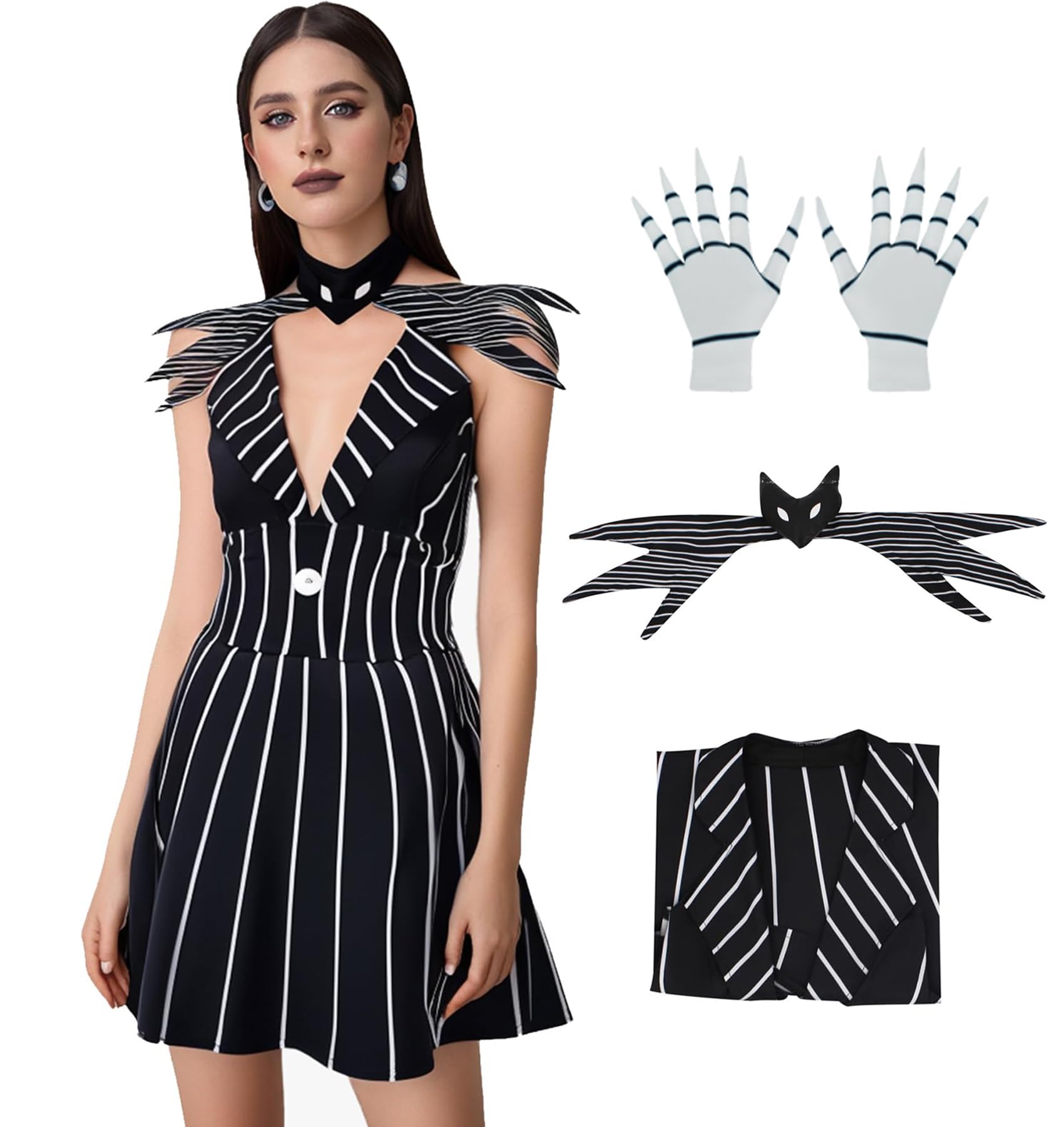 Photo 1 of Poboola Christmas Night Jack Cosplay Costume Women Gothic Black Dress Stripe V-neck Bowtie Halloween Fancy Dress Outfit XL