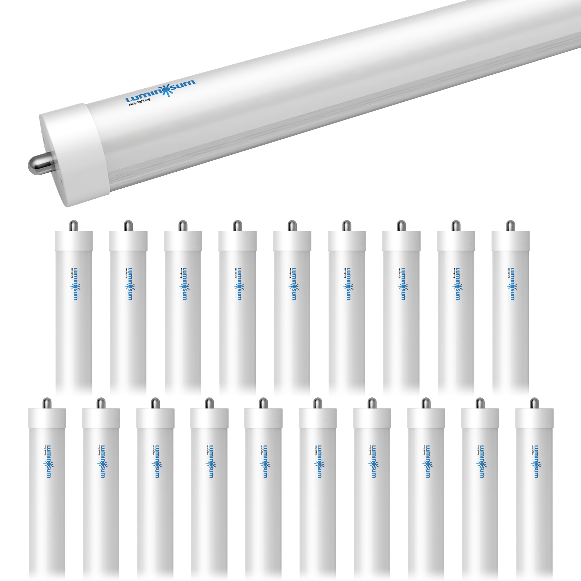 Photo 1 of LUMINOSUM 8ft T8 LED Bulbs 40W 80W Equivalent, 6000k Cool White 4000LM, FA8 Single Pin Light, Dual-End Power Ballast Bypass, T8 T10 T12 Fluorescent Replacement, Frosted Cover ETL Certified 20-Pack
