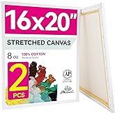 PHOENIX 16x20 Inch Pack of 2 Canvas - Large Stretched Canvas for Painting, 8 Oz Triple Primed 5/8 Inch Profile 100% Cotton White Blank Canvas, Square Framed Canvas for Oil Acrylic & Pouring Art